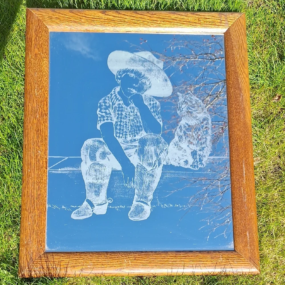 Vintage Cowboy Kid And Cat Etched Glass Mirror With Wooden Frame